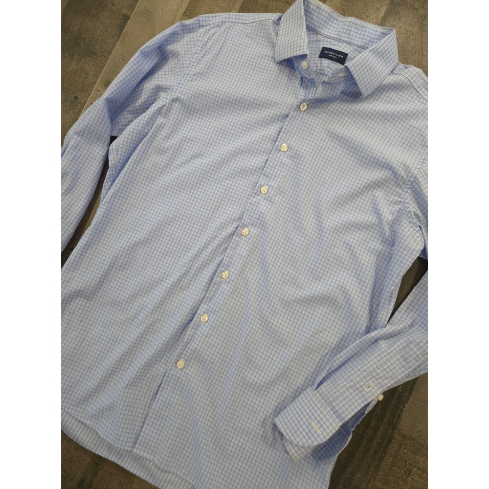 Proper Cloth Mens Light Blue Gingham Cotton Button Down Shirt Spread Collar L